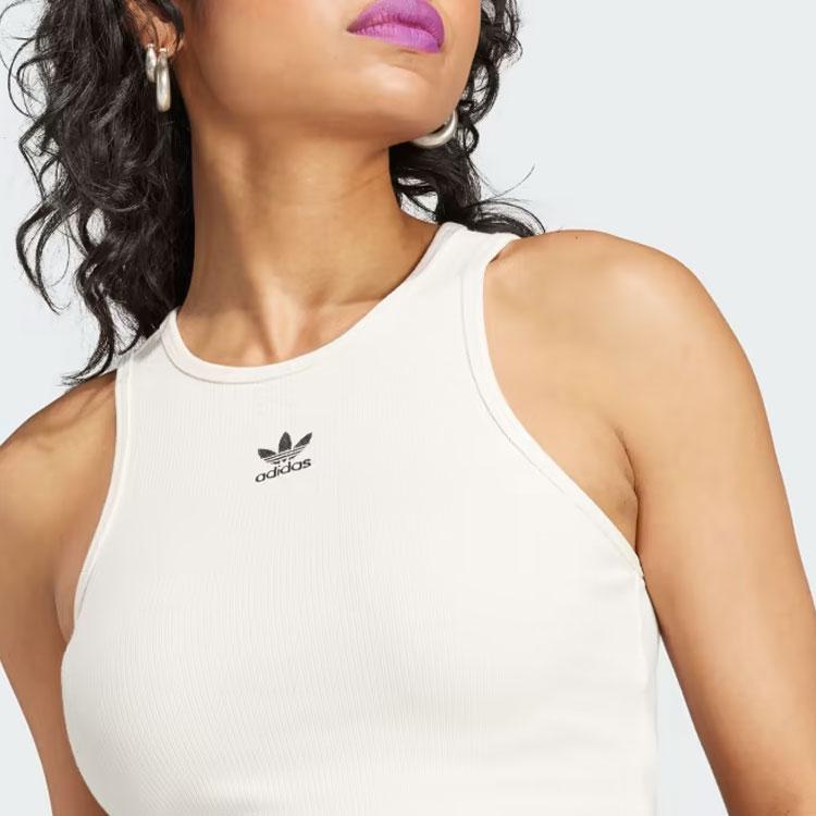 Adidas Originals Essentials Rib Tank Top Solid Logo Slim Fit Round Neck Vest Women Tops Off-White IJ8257