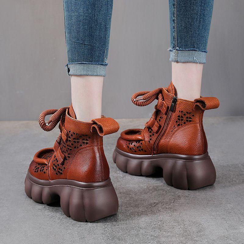 Cool boots women's 2025 spring and summer new retro sandals thick-soled hollow high-top women's shoes side zipper lace-up hole shoes