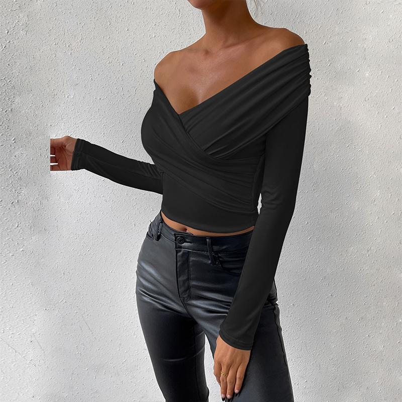 Damska seksowna bluzka z głębokim dekoltem w serek, długimi rękawami, plisami i odkrytymi ramionami