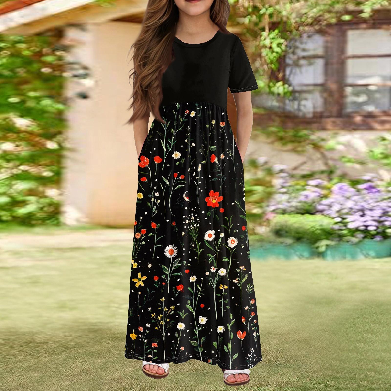 

Длинное летнее платье для девочек - платье макси с короткими рукавами и карманами для детей 4-14 лет 110 чёрный