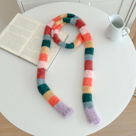 Yousheng Rainbow Striped Scarf Women Long Skinny Fuzzy Fluffy Neckerchief Knit Thin Scarf Autumn Winter Knitting Scarf Outfit Accessories