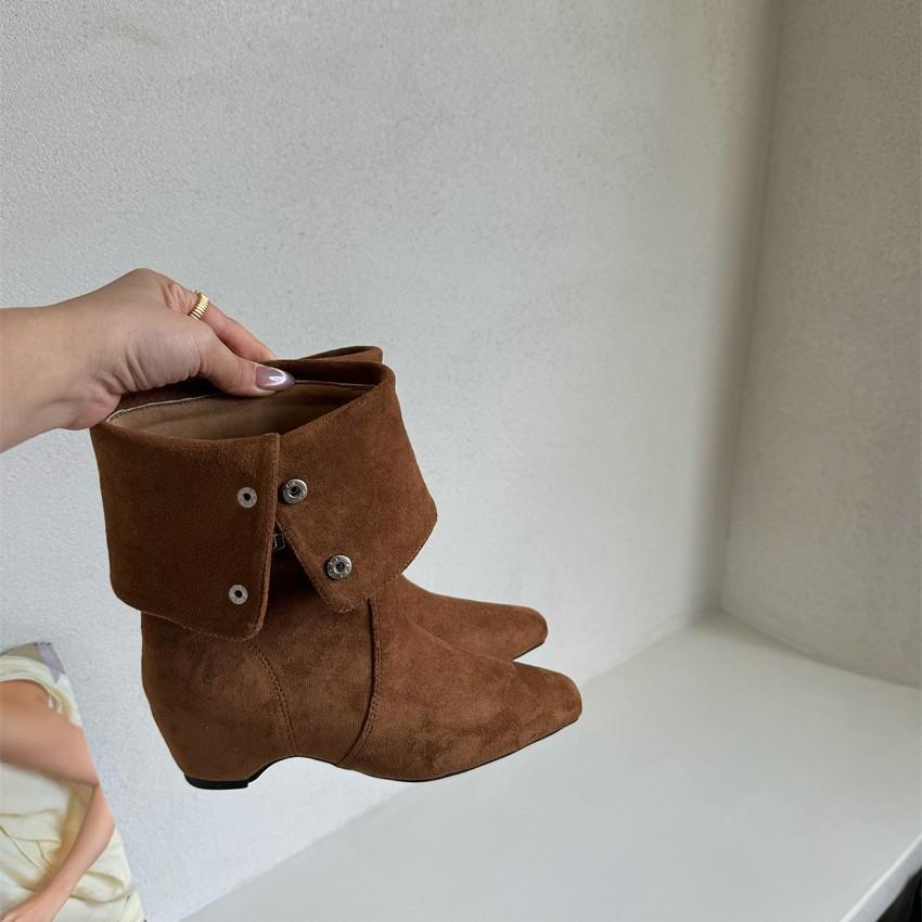ALIGUIFEI two-wear folded short boots inner heightening suede western boots women's autumn and winter belt buckle medium boots