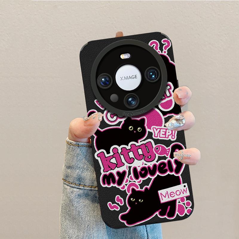 Trendy brand black cat is suitable for Huawei mate60pro mobile phone case lambskin p70 retro 50/40 premium glory 200.