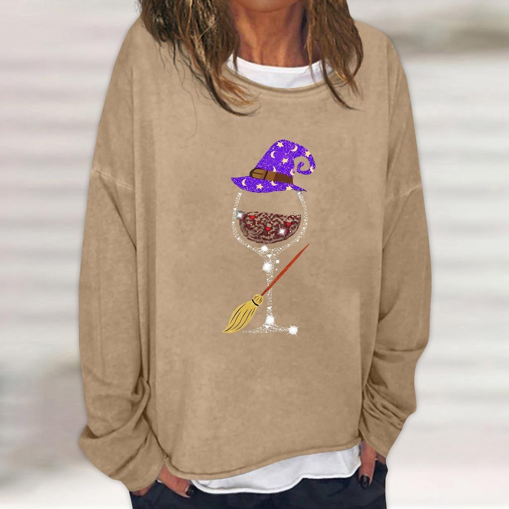 Dam Casual Mode Vintage Tryckt Långärmad O-Hals Sweatshirt Lager Pullover Topp