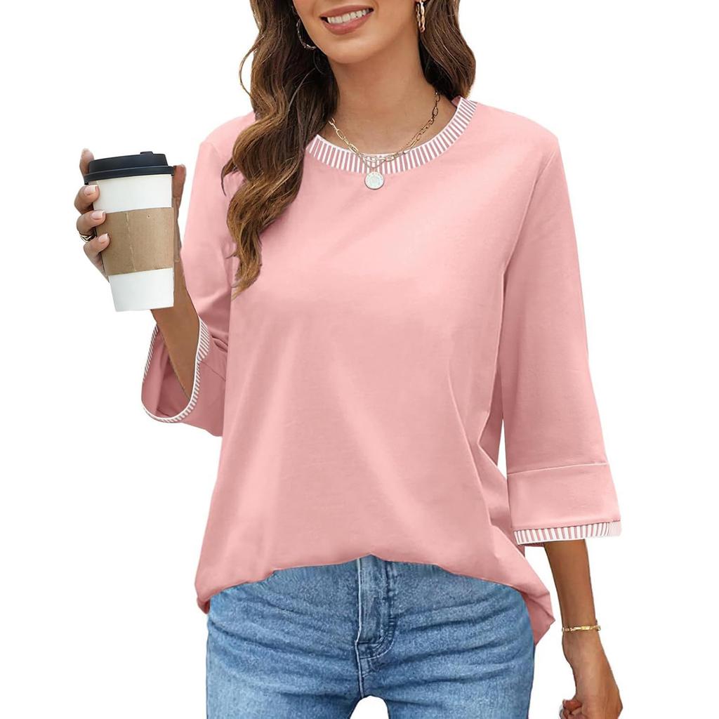 Women's Fashion Loose Round Neck Clashing Colour T-Shirt Seven Sleeve Top