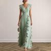 2026 Summer European and American Style Solid Color High-Waisted Pleated V-Neck Dress