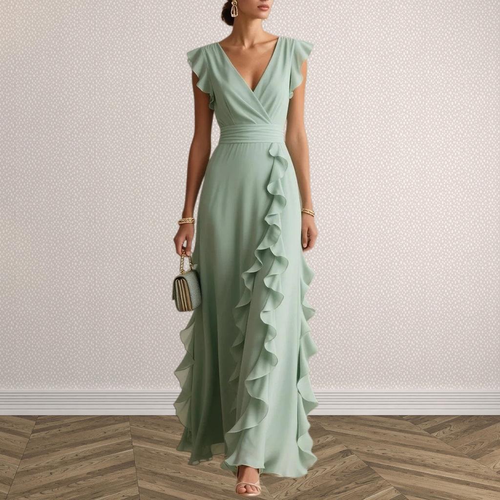 2026 Summer European and American Style Solid Color High-Waisted Pleated V-Neck Dress