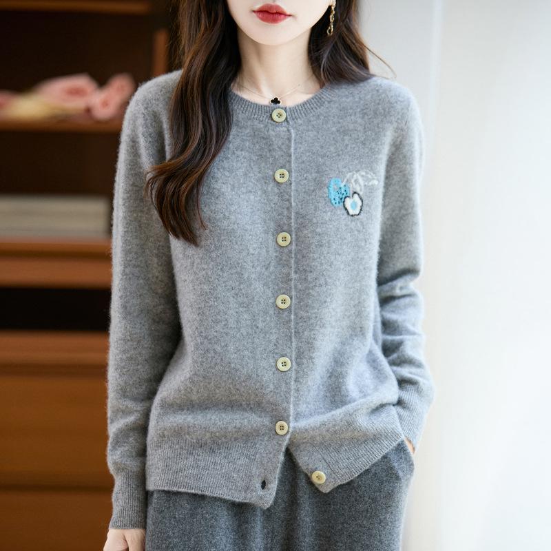 Cherry Embroidery Women's Wool Cardigan: Age-Reducing, Round Neck, Autumn/Winter Casual Knit Sweater Coat Design.