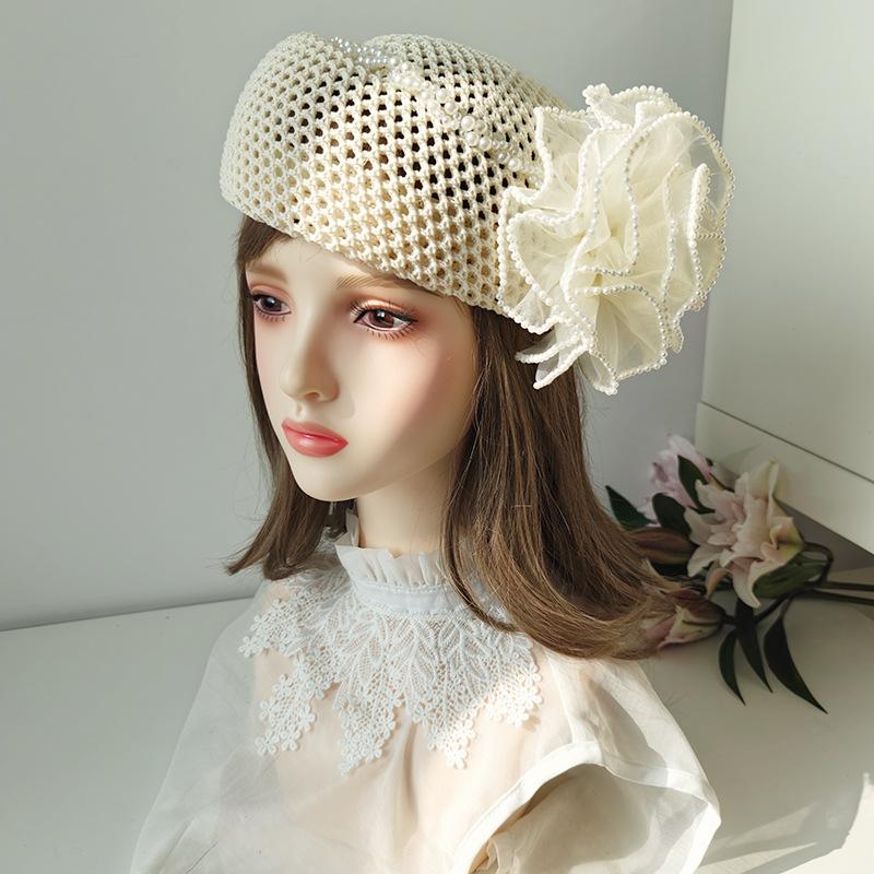 French Style Elegant Pearl Trim Flower Beret Hats Women Vintage Mesh Pillbox Caps Fashion Casual Travel Headwear Wedding Party