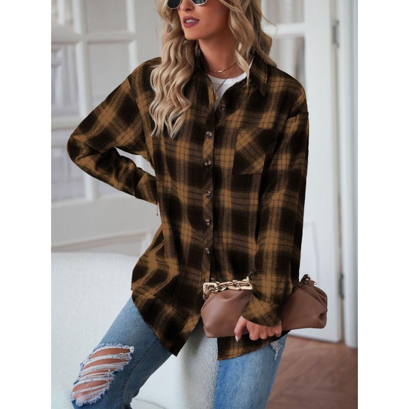 YYFS Women's Fashion Casual Spring Fall Plaid Print Long Sleeve POLO Neck Blouses & Shirts