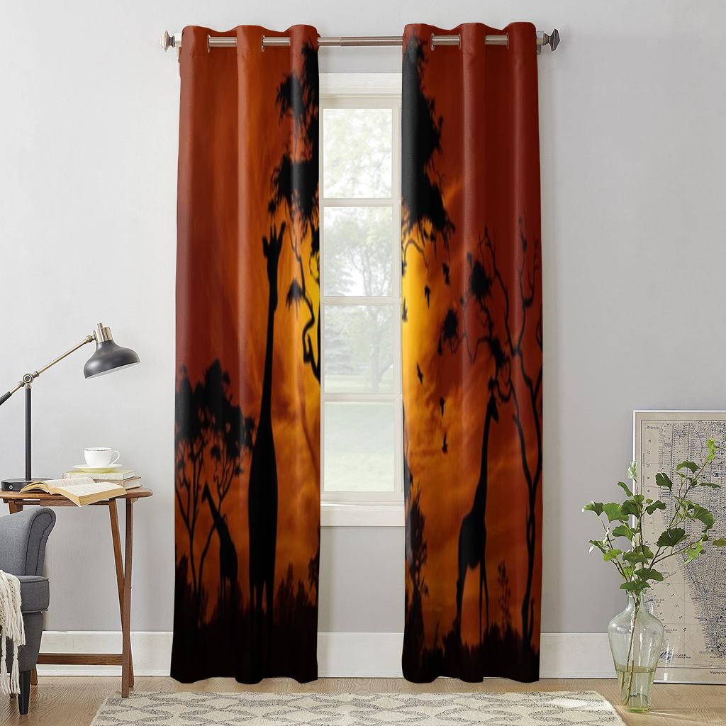 Afrikanische Landschaft bei Sonnenuntergang Giraffe Fenster Vorhänge für Wohnzimmer Küche Moderne Vorhänge Heimdeko Jalousien Vorhänge