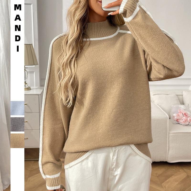 2025 Autumn and Winter New Half Turtleneck Casual Loose Contrast Sweater Long Sleeve Fashionable Loose Versatile Pullover