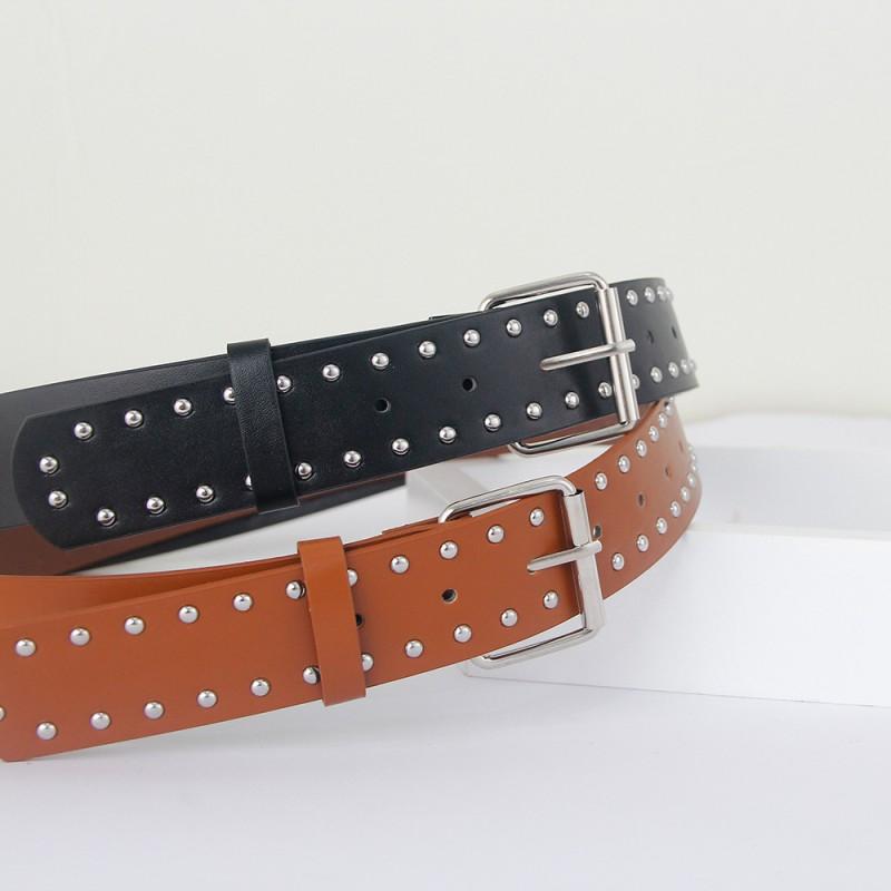 Studded Wide Leather Belt Women Punk Y2K Hip Hop Style Adjustable Waistband With Metal Pin Buckle