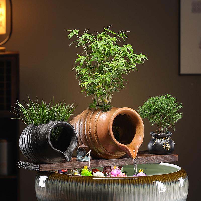 Eco Tank Pottery Jar: Ancient Flow Filtration Ornament for Oxygenating Fish, Courtyard Landscaping, and Fountain Decoration.