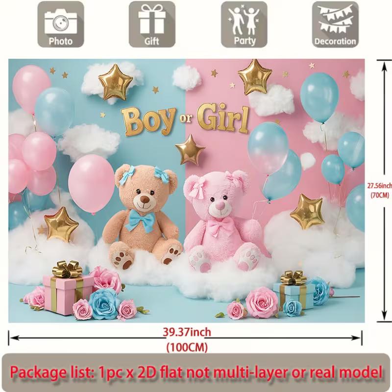 2D Blue Pink Teddy Bear Baby Shower Backdrop, Gender Reveal Photo Background