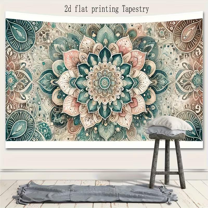 2D Watercolor Mandala Tapestry, Bohemian Teal Pink Flower Background Cloth