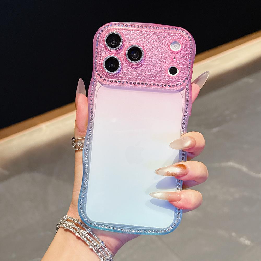 KEYSION Rhinestone Phone Case for iPhone 13 14 15 16 17 Pro Max 17 Air 16 Plus Transparent Wavy Lens Protector Shockproof Back Cover