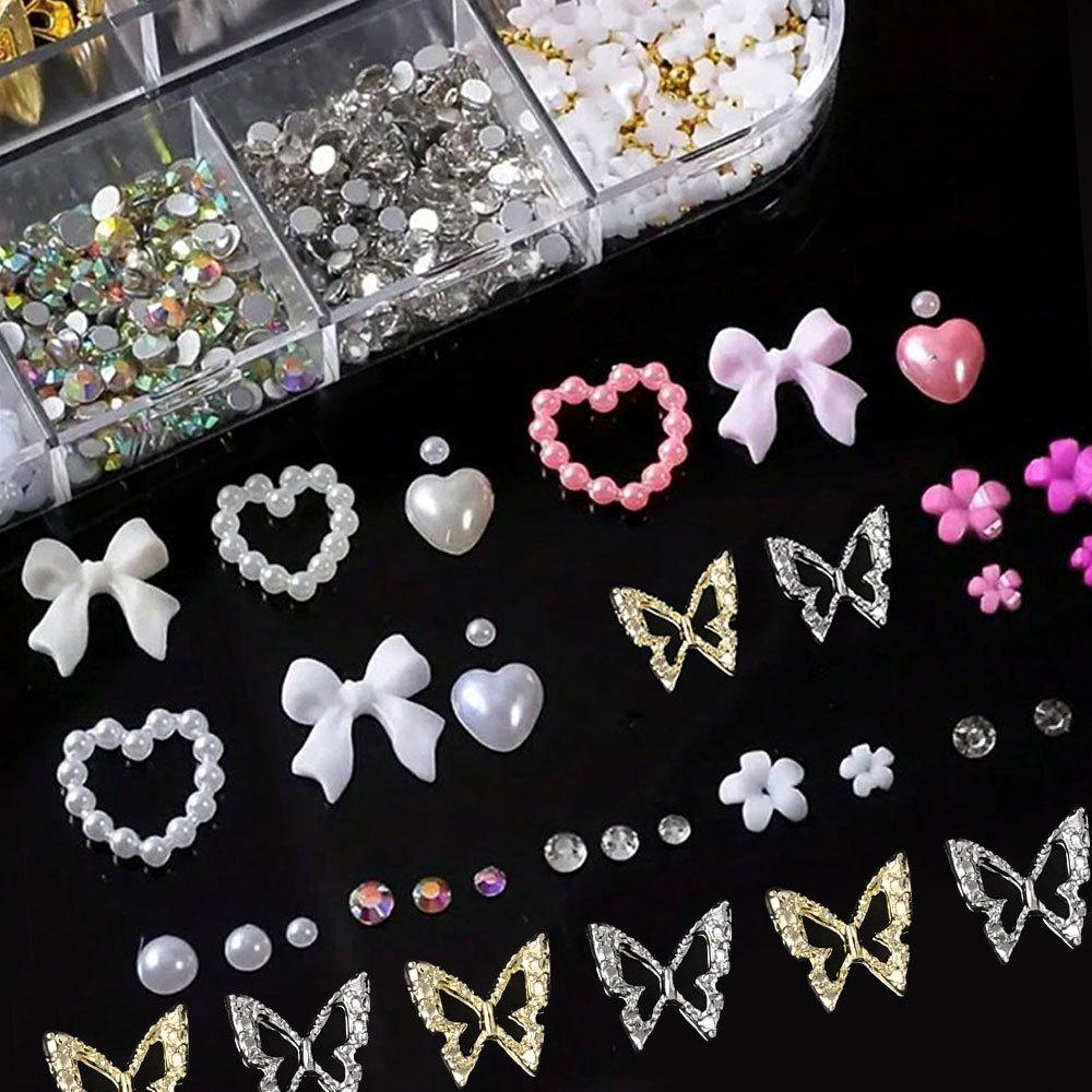 12 Grids 3D Nail Charms Nail Bow, Heart Charms, And 3D Flower Nails Y2K Nail Decoration Women Nail Manicure Supplies