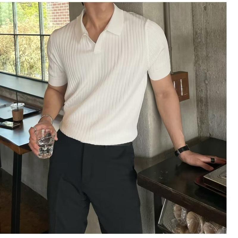 Summer Ice Silk Men's Polo Short Sleeved T-shirt Thin Shirt Fashion V-neck Striped Knitted Bottom Shirt Men