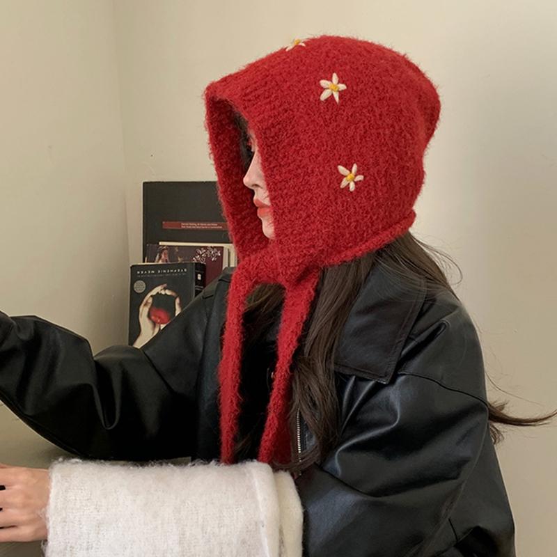 Women Warm Windproof Ear Protection Hat Scarf Small Flower Casaul Knitted Hat