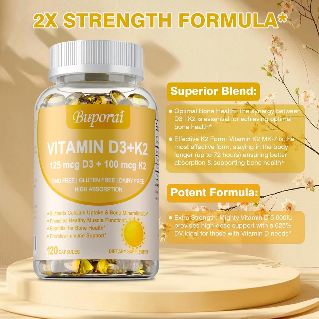Vegetarisches Vitamin D3 + K2 - Bio D3 5000 IE + Klinisch geprüftes Vitamin K2 100 mcg - Knochenunterstützung