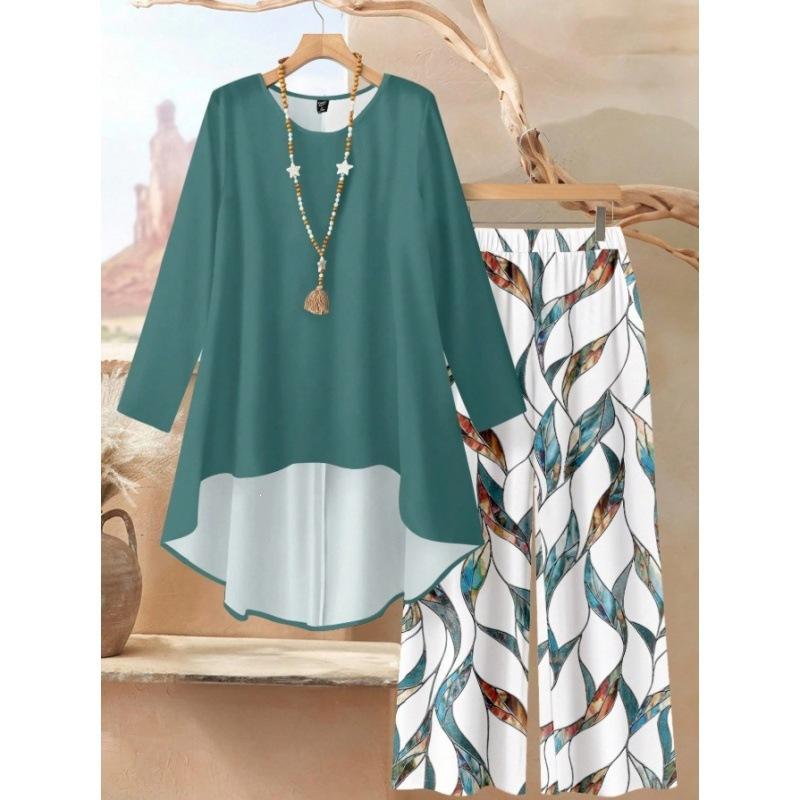 1116 Floral Print Suit Women's Long Sleeve Irregular Hoop Wide Leg Pants Casual Summer Large Size