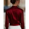 Mesh-paneled Satin Stand-up Collar, Plain-coloured, Sophisticated-chic Women’s Blouse