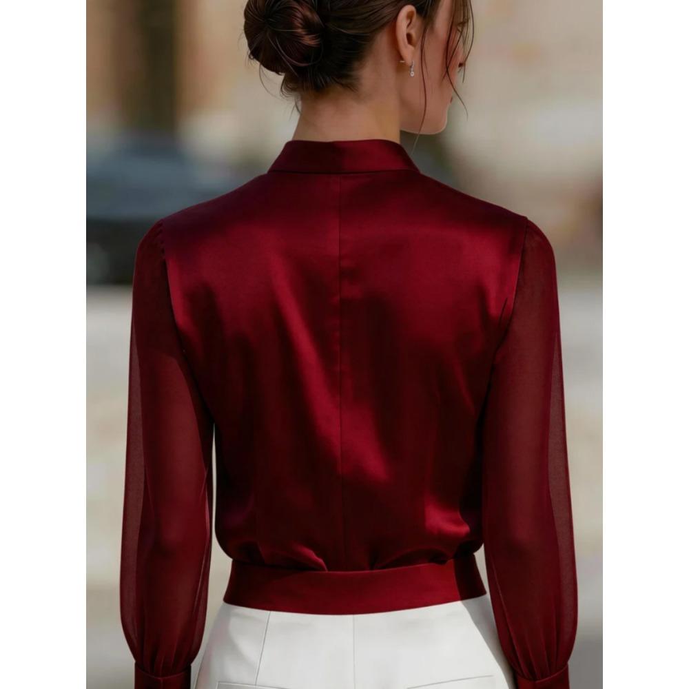 Mesh-paneled Satin Stand-up Collar, Plain-coloured, Sophisticated-chic Women’s Blouse
