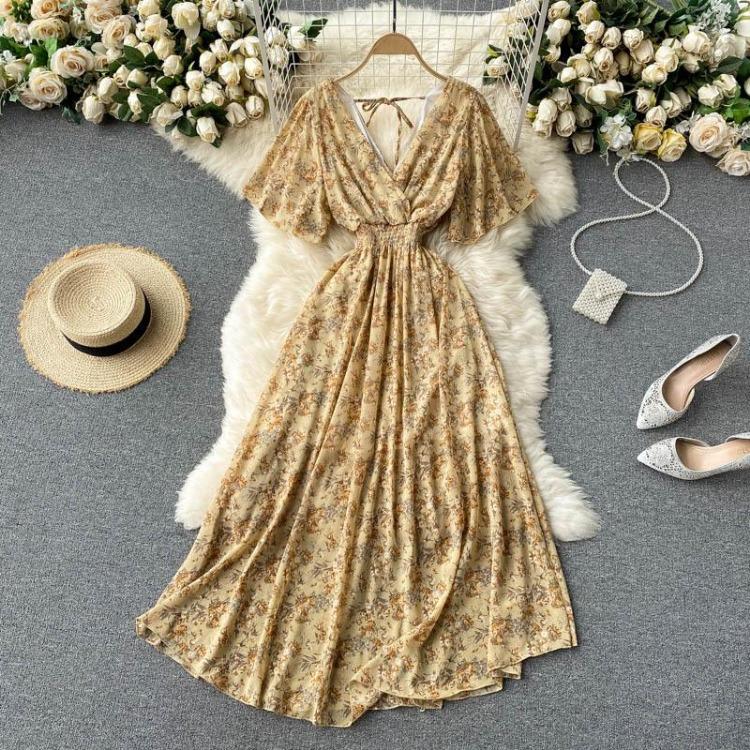 Women Floral Summer Short Sleeve V Neck A Line High Waist Ruched Long Dress