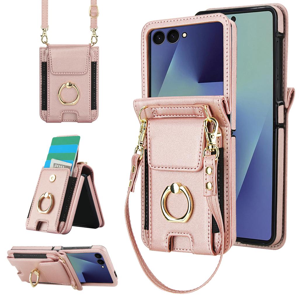 Ring Holder Bracelet Cards Slot Crossbody Leather Phone Case for Samsung Galaxy Z Flip 7 6 5 4 3 Flip7 FE Lanyard Wallet Cover