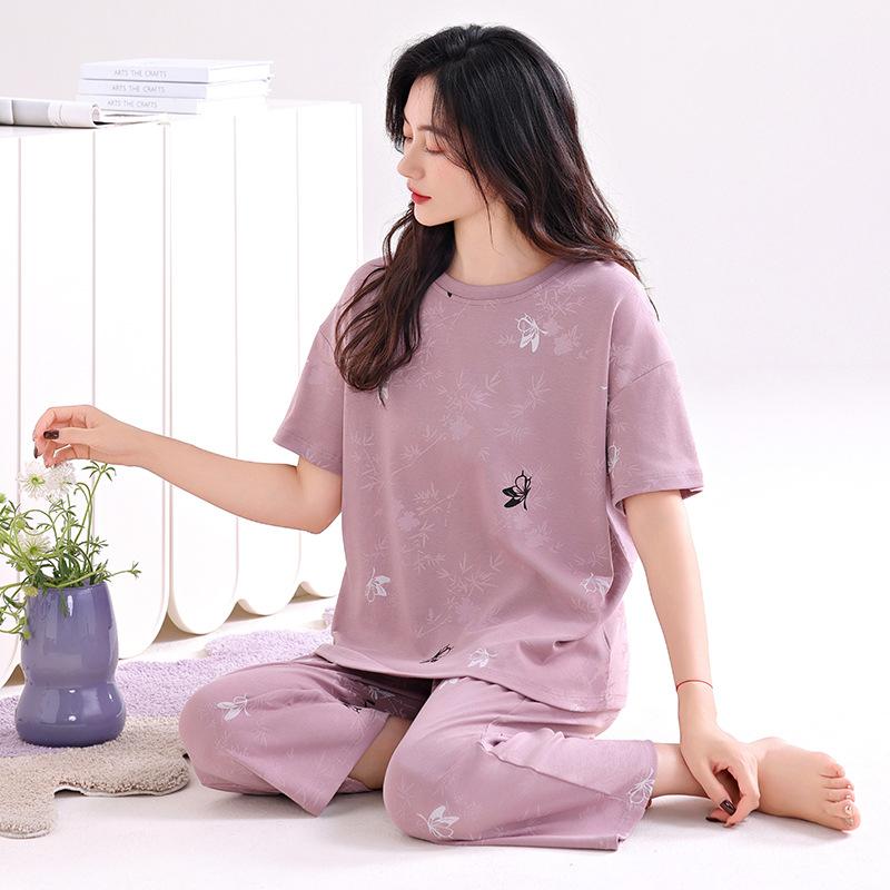 Pajamas women's summer pure cotton short-sleeved printed cropped pants thin cotton women's loungewear summer loose large size set