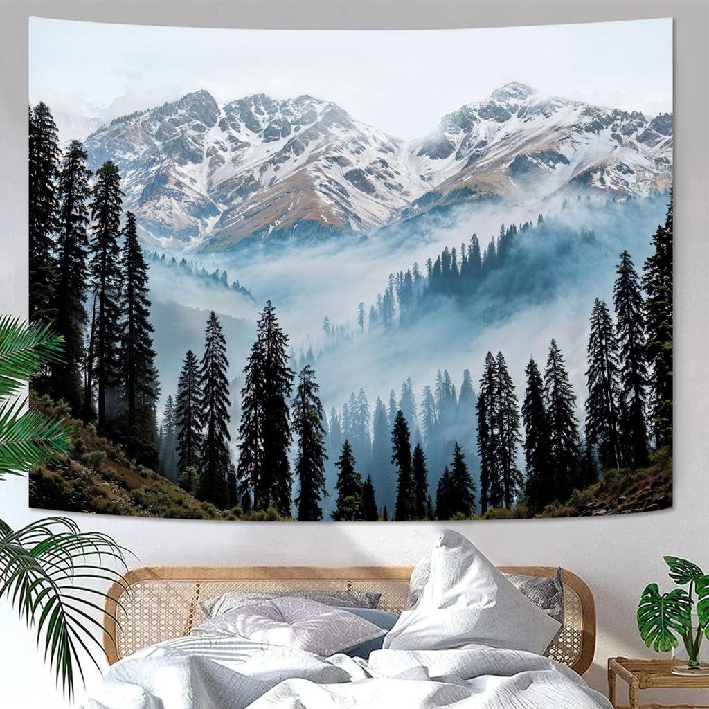Nature Mountain Forest Tapestry Sage Green Tree Stream Wall Tapestry for Bedroom Aesthetic Lush Woodland Landscape Small