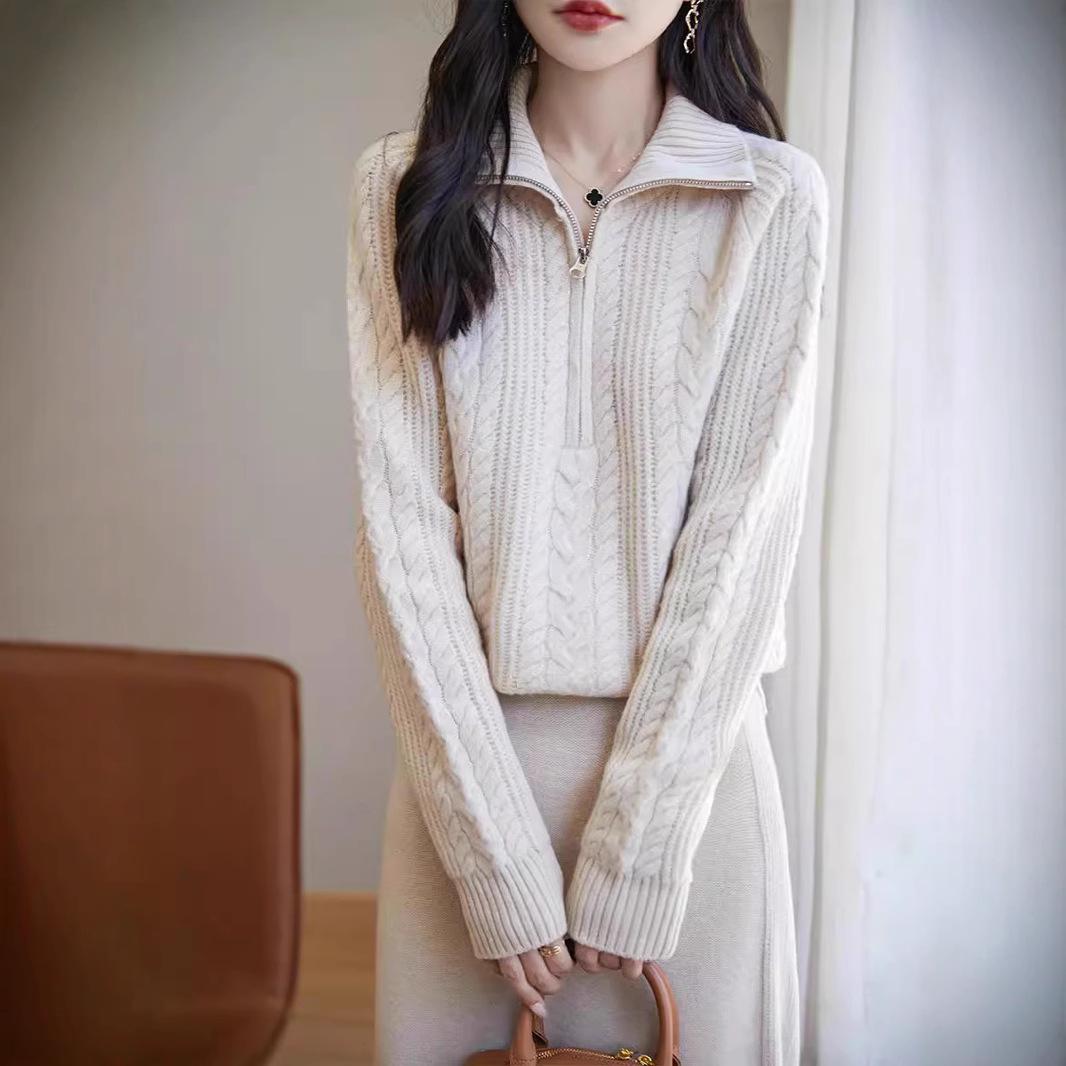 

Women s Stylish Slimming Cable Knit Wool Half-Zip Sweater Jacket Medium