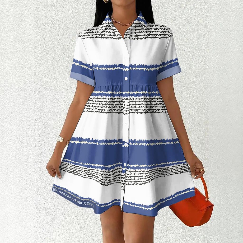 Women Loose Fit Shirt Dress Button Front Stand Collar Short Sleeve Casual Dress with Stripe Print for Daily Wear