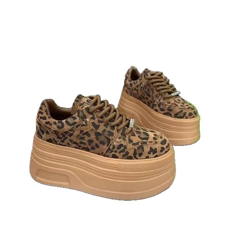 Campus Style Platform Single Shoes 2025 Spring New French Leopard Print Small Muffin Height Increase Casual Sports Shoes