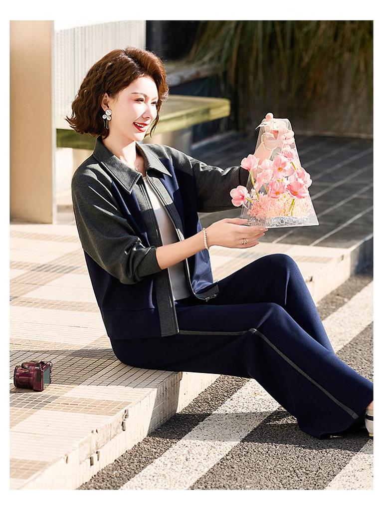 Chic Two-Piece Casual Cardigan and Straight-Leg Pants Set for Stylish Middle-Aged Moms
