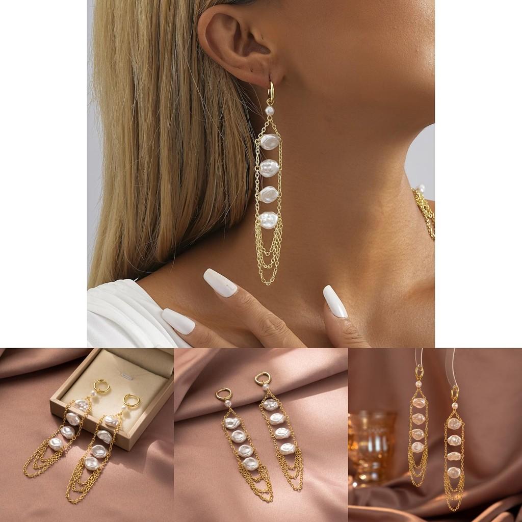 Unique Geometric Faux Pearl Pendant Earrings Stylish Chain Drop Jewelry For Women