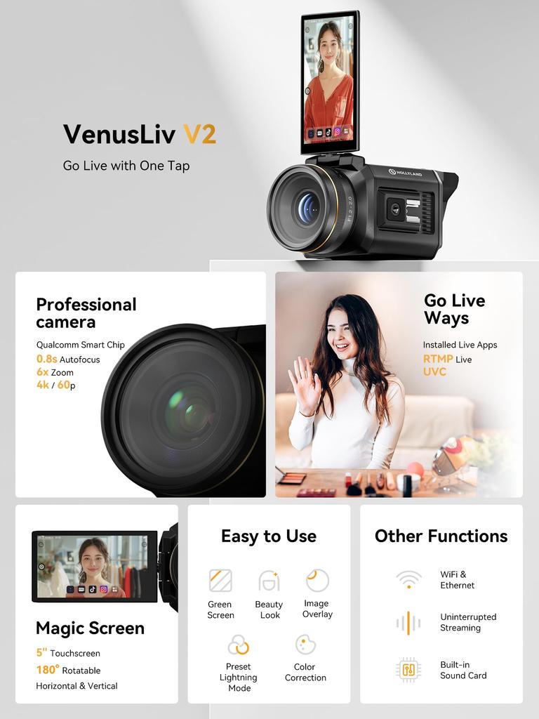 Streaming Video Streaming HOLLYLAND-VenusLiv V2-Live-Kamera-LAN/WIFI-Verbindung-4K30p/RTMP/USB-C/HDMI-Export-Für Tiktok/YouTube/Facebook/Twitch/Live