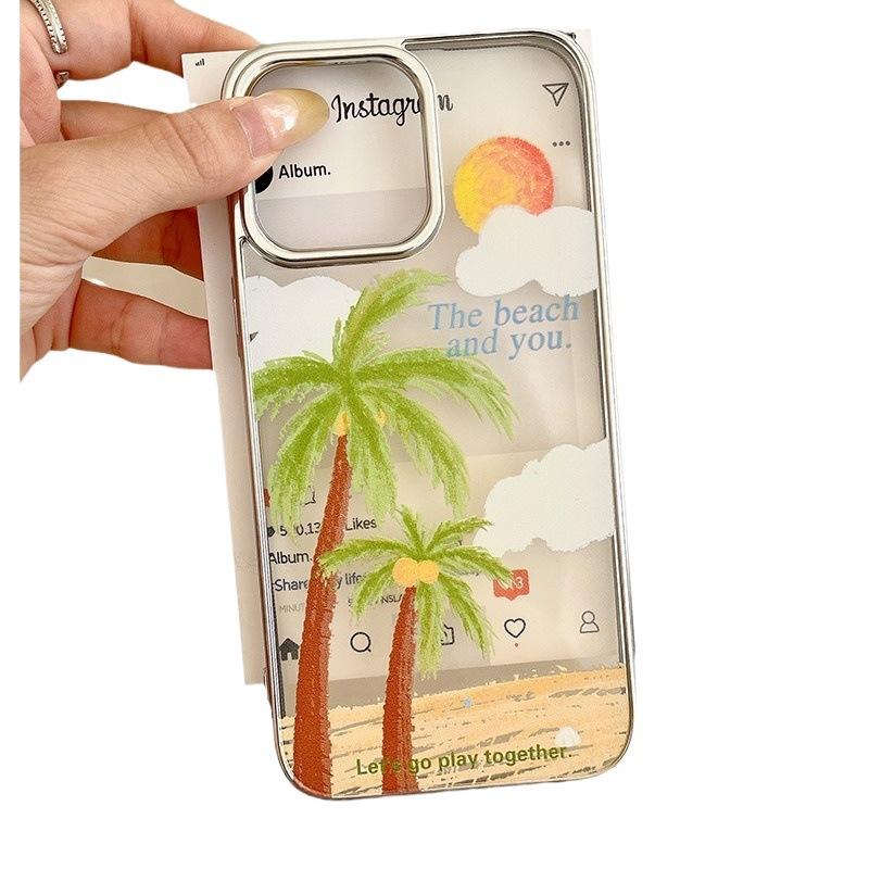 Summer Seaside Coconut Tree Suitable for Apple 16promax Mobile Phone Case 14 Electroplated IPhone 15 Protective Case