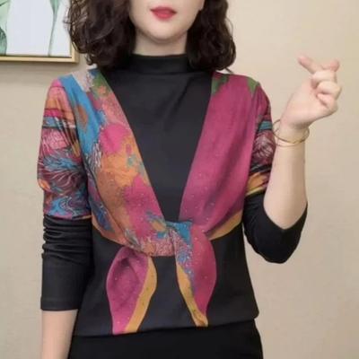 Autumn and Winter New Fashion Fake Two-piece Printed Western-style Long-sleeved Half Turtleneck Bottoming Shirt Top