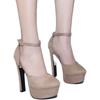 Apricot/Black Women Pumps Sexy Round Toe Flock Platform Buckle Strap 14CM Thin Heels Cover Heel Dress SHoes