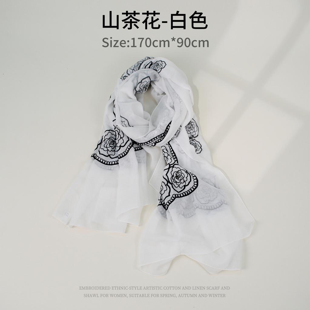 Women S Camellia Embroidered Scarf Polyester Shawl For Travel Sun Protection