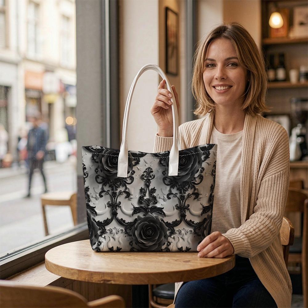 Gothic Rose Pattern Tote Bag Elegant Daily Shoulder Handbag