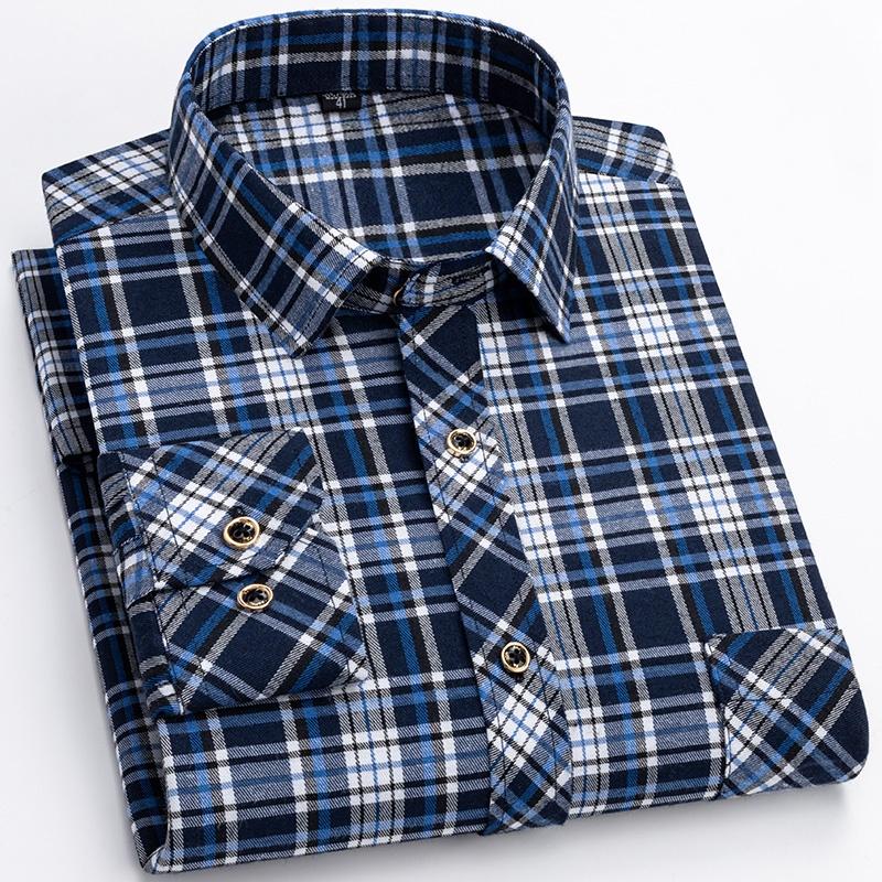 M-6XL Men's Pure Cotton Flannel Shirts Long Sleeve Single Pocket Casual Plaid Thick Soft Cozy Brushed Shirts Blouse Men Clothing