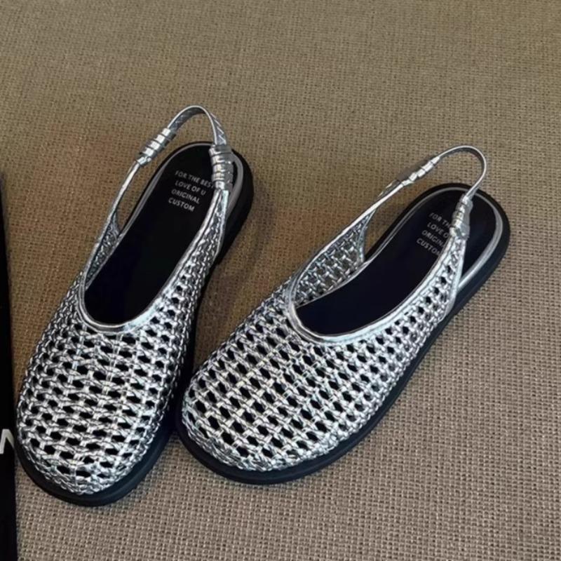 

Fashion Comfortable Breathable Woven Flat Sandals Women Fashion Round Toe Hollow Back Strap Designer Shoes Concise Non-slip Casual Shoes 39 серебряный