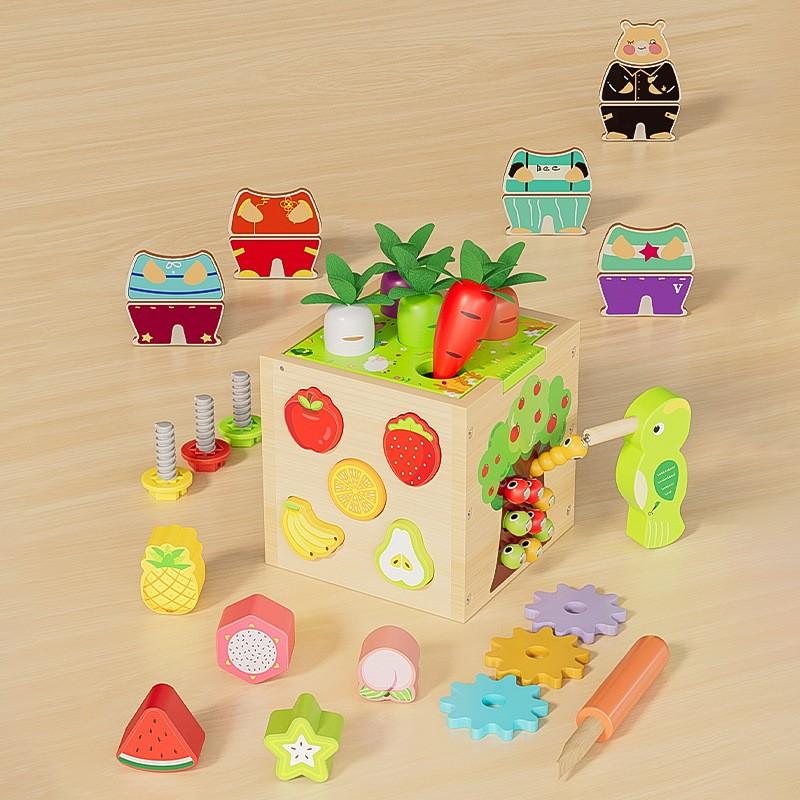 Wooden Puzzle Toy With Six Side Carrot Strawberry Early Learning Matching Shape