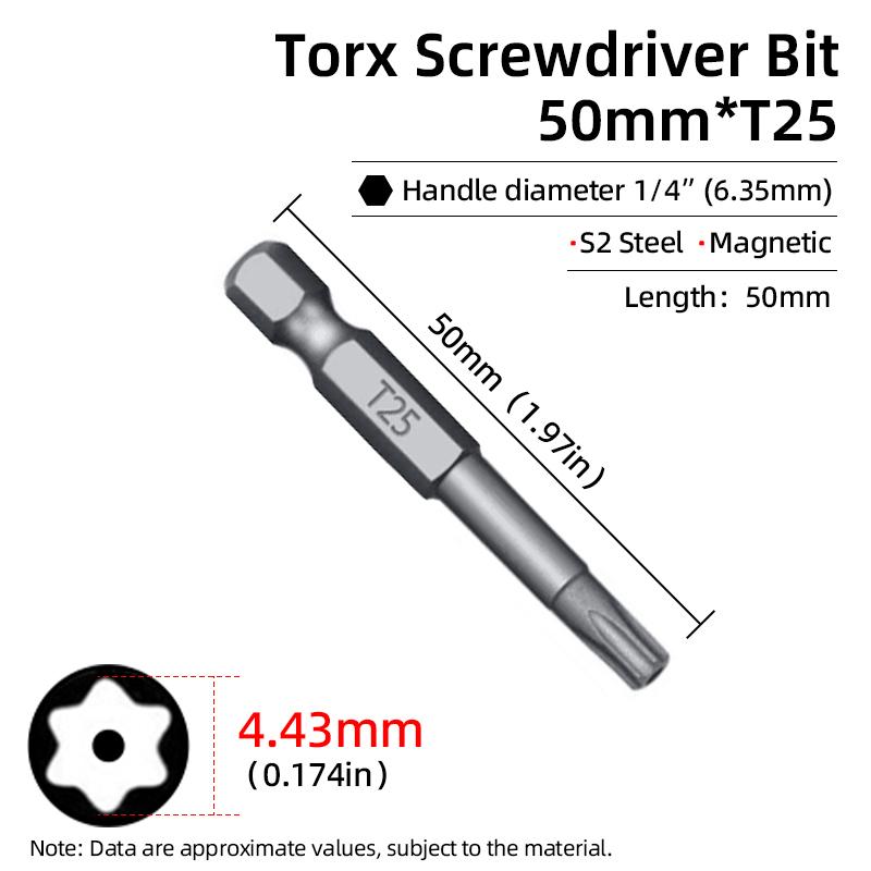 Torx Screwdriver Bit 50mm Magnetic S2 Steel 1/4'' Hex Shank Hollow Hole Security Bits T5-T40 Electric Drill Driver Hand Tools
