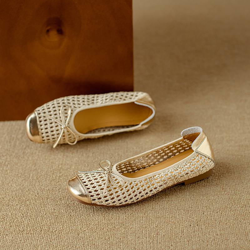 Krazing Pot Cow Skin Weaving Summer Size 41 Low Heels Party Shoes Women Square Toe Gladiator Butterfly-knot Hollow Out Pumps