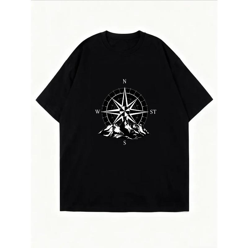Damen Kurzarm T-Shirt Weiß Kompass- und Bergdruck Lässig Outdoor-Bekleidung