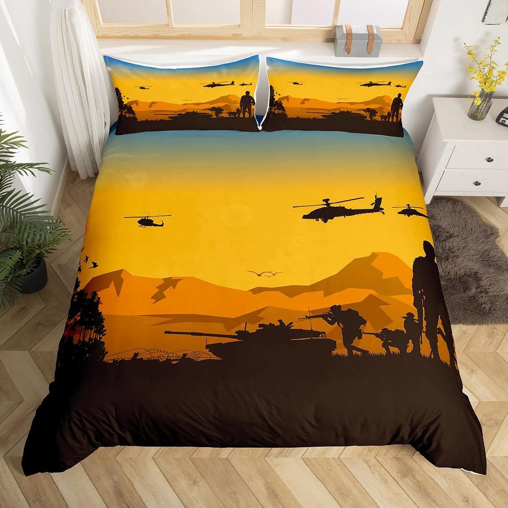Cartoon Tank Duvet Cover War Theme Bedding Set For Kids Boys Man Soldier Camouflage Army Acting Polyester Comforter Cover King